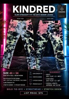 Kindred Slim Straight Fit Tie Dye Denim Jeans Size 40x34